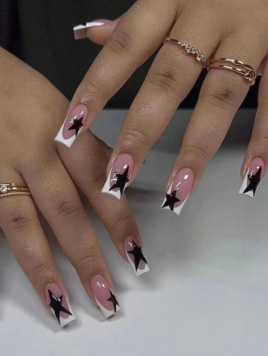 星十字法式壓印，24入組長棺材星印花假指甲和 1 張膠帶和 1入組指甲銼 - 彩色 - 查看 1