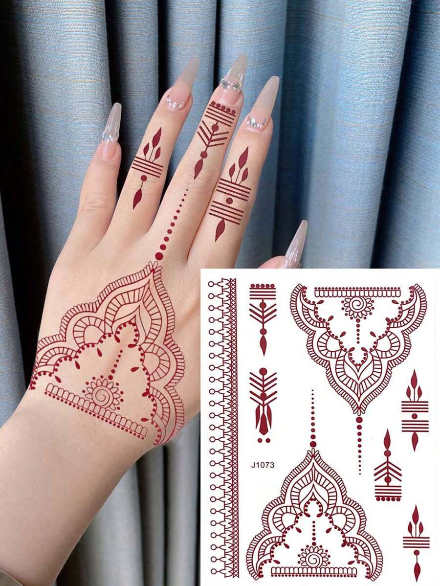 1張花朵圖案紋身貼紙彩色半指手腕臨時紋身貼DIY身體藝術貼花 - 棕色 - 查看 1