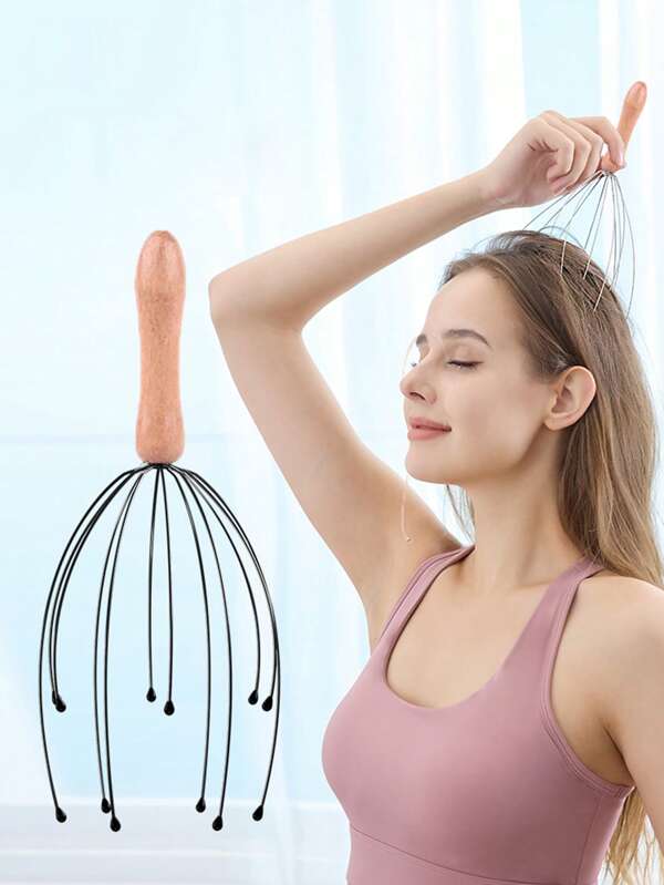 1 pezzo Massaggiatore manuale con manico in legno e 12 artigli per massaggiare il cuoio capelluto, cura dei capelli, strumenti per capelli, cura dei capelli, scuola, ritorno a scuola, viaggio, elementi essenziali da viaggio, articoli per la casa, spa, strumento per massaggi, massaggio, massaggiatore, spa