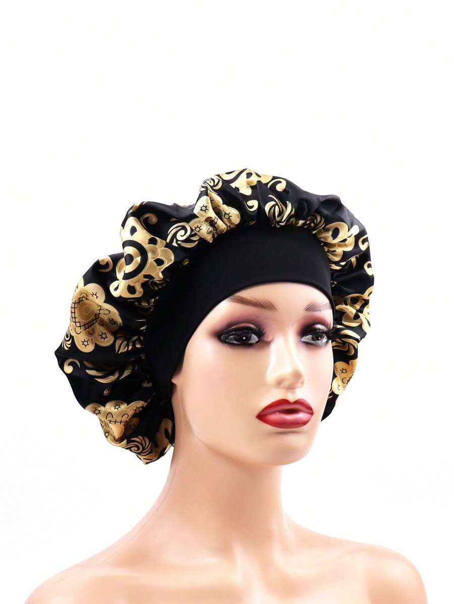 Hair Cap,Full Cover Hair Bonnet Vanity Floral Round Ultra-Soft Reusable Shower Cap For Sleep - Black - View 1