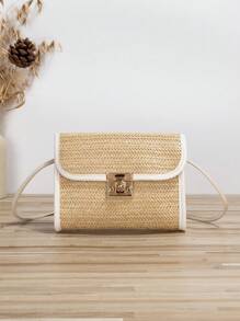 迷你草編包撞色滾邊扭鎖翻蓋度假 - 白色 - 查看 1