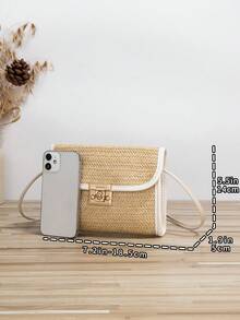 迷你草編包撞色滾邊扭鎖翻蓋度假 - 白色 - 查看 2