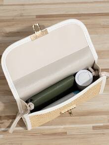 迷你草編包撞色滾邊扭鎖翻蓋度假 - 白色 - 查看 3