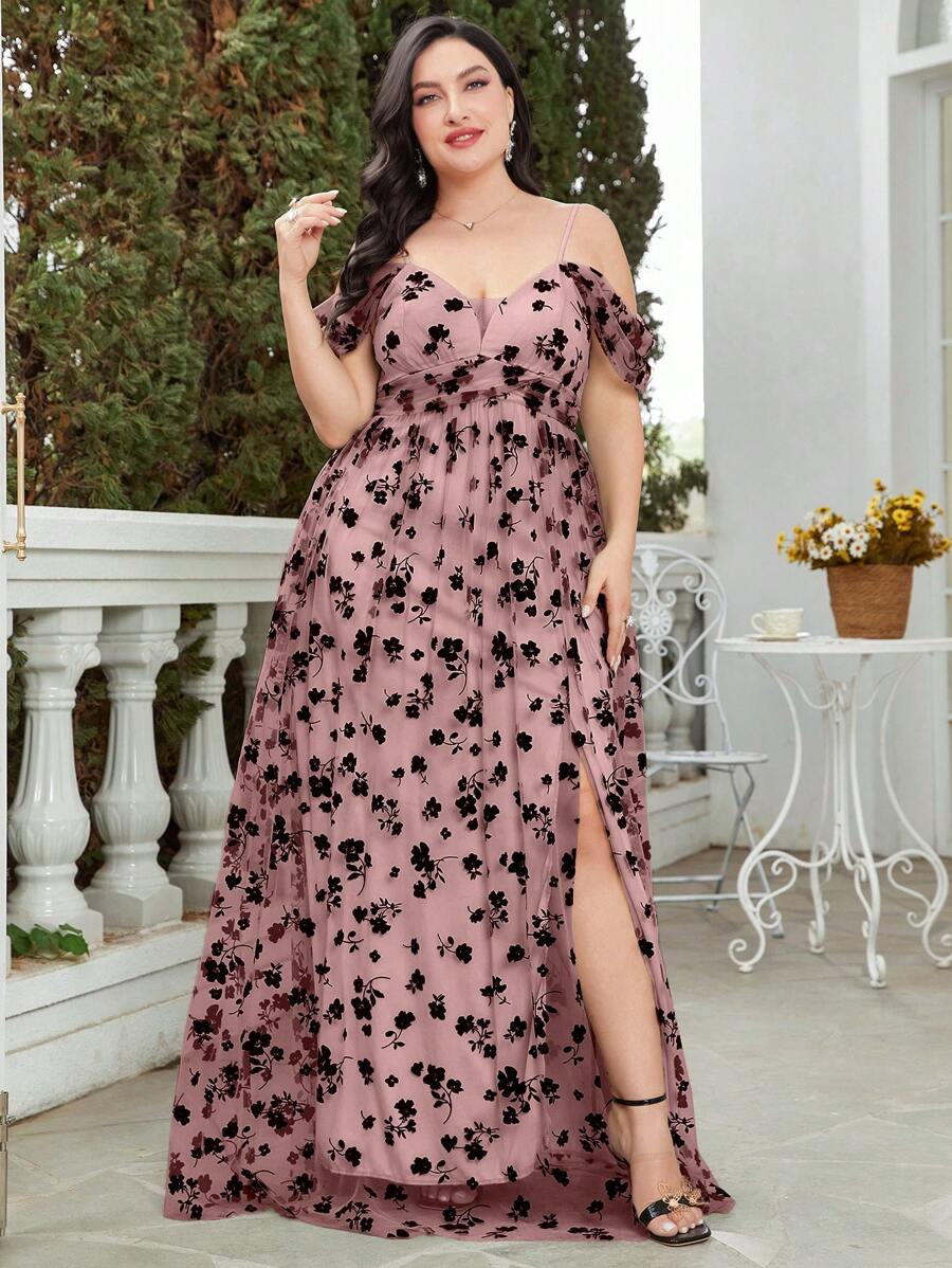 加大花卉印花露肩开叉大腿网眼覆盖连衣裙优雅正式晚会舞会婚礼宾客礼服，适合毕业礼服、晚宴礼服、生日女士服装