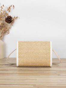 迷你草編包撞色滾邊扭鎖翻蓋度假 - 白色 - 查看 4