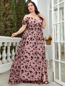 加大花卉印花露肩开叉大腿网眼覆盖连衣裙优雅正式晚会舞会婚礼宾客礼服，适合毕业礼服、晚宴礼服、生日女士服装 - 粉色 - 查看 7