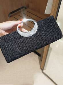 Glitter Bling,Shiny Glamorous,Elegant,Exquisite Black Ruched Square Bag Glamorous Rhinestone Decor Double Handle Polyester Dinner Bag,Evening Bag For Party Girl,Woman,For Female Perfect For Party,Wedding,Prom,Dinner/Banquet,For Best Gift For Women - Black - View 2