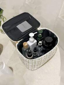 1 Peça Bolsa de Cosméticos Portátil Diária de Grande Capacidade com Estampa Listrada Dourada, Organizador de Viagem de Toucador, Essenciais de Presente, Acessórios com Zíper, Unhas