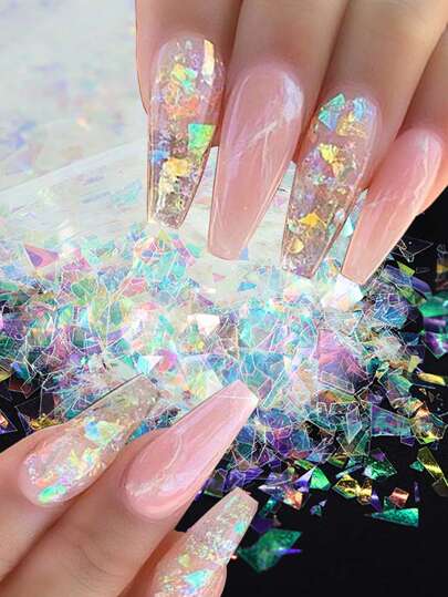 Shattered Glass Nail Art Charms, 1pack 5G Asymmetrical Super Flash Nail Art Decoration Laser Decal Nail Art Accessories Manicure Supplies DIY Nail Gems Nails