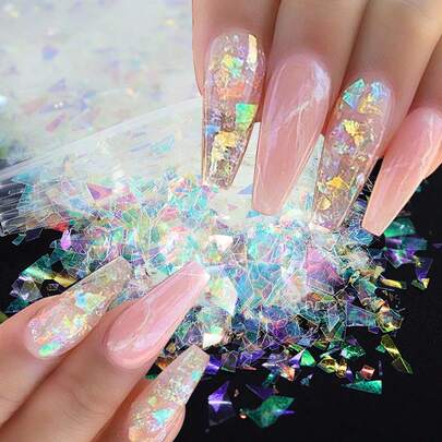 Bộ phụ kiện trang trí móng tay hiệu ứng kính vỡ, 1 gói 5G, hình dáng bất đối xứng, siêu lấp lánh, decal laser, phụ kiện làm móng, đồ dùng làm móng, đá trang trí móng tay tự làm.