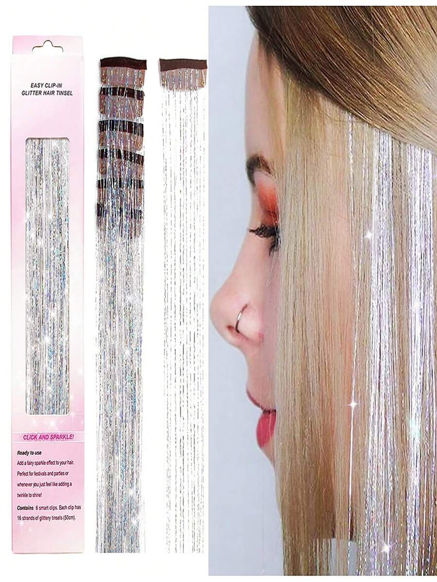 Clip In Hair Tinsel Kit, 6pcs Glitter Fairy Tinsel Hair Extensions 20 Inch Shiny Hair Tinsel - Silver - View 1