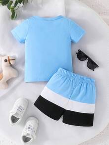 男嬰夏季休閒色塊字母印花T恤和短褲套裝 - 彩色 - 查看 2