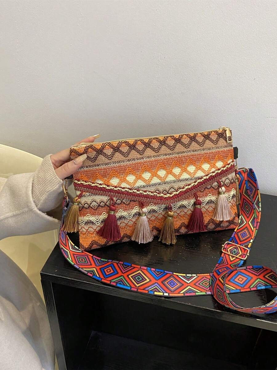 Túi Vuông Thêu Hình Học Kỳ Nghỉ Trang Trí Tua Rua Polyester - Nhiều màu - Xem 1