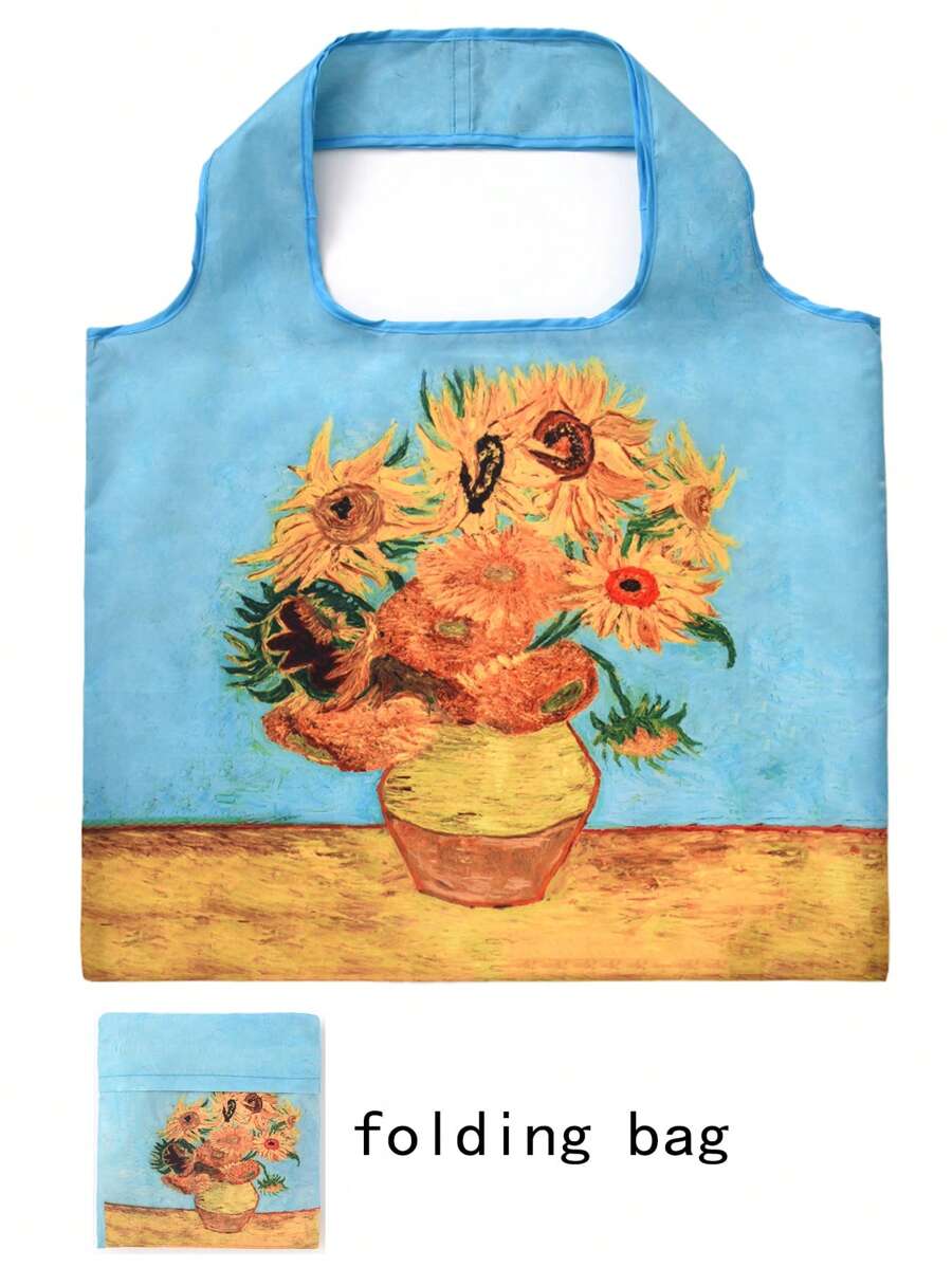 Túi lưu trữ hoa văn hướng dương Tay cầm đôi có thể gập lại Polyester thông thường - Màu xanh lam - Xem 1