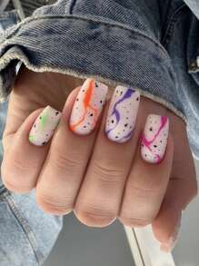 Nâng cao phong cách của bạn với 24 chiếc Bộ móng tay giả đầy màu sắc trừu tượng Đường dài hình vuông có vết nứt - Nhiều màu - Xem 1