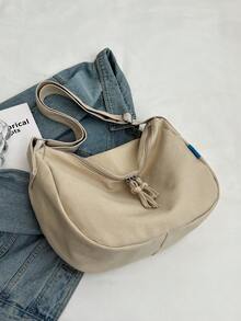 Large Hobo Bag Zipper Canvas Casual - Beige - View 2
