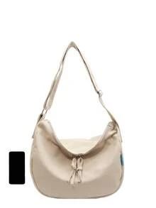 Large Hobo Bag Zipper Canvas Casual - Beige - View 4
