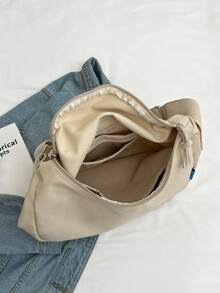 Large Hobo Bag Zipper Canvas Casual - Beige - View 5