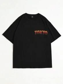 ROMWE MEN Anime Guys Cotton Dragon & Letter Graphic Tee - Black - View 2