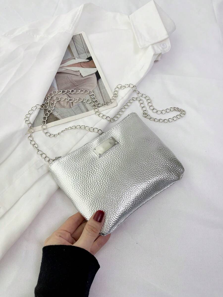 Mini Square Bag Funky Metallic Metal Decor Chain PU - Silver - View 1