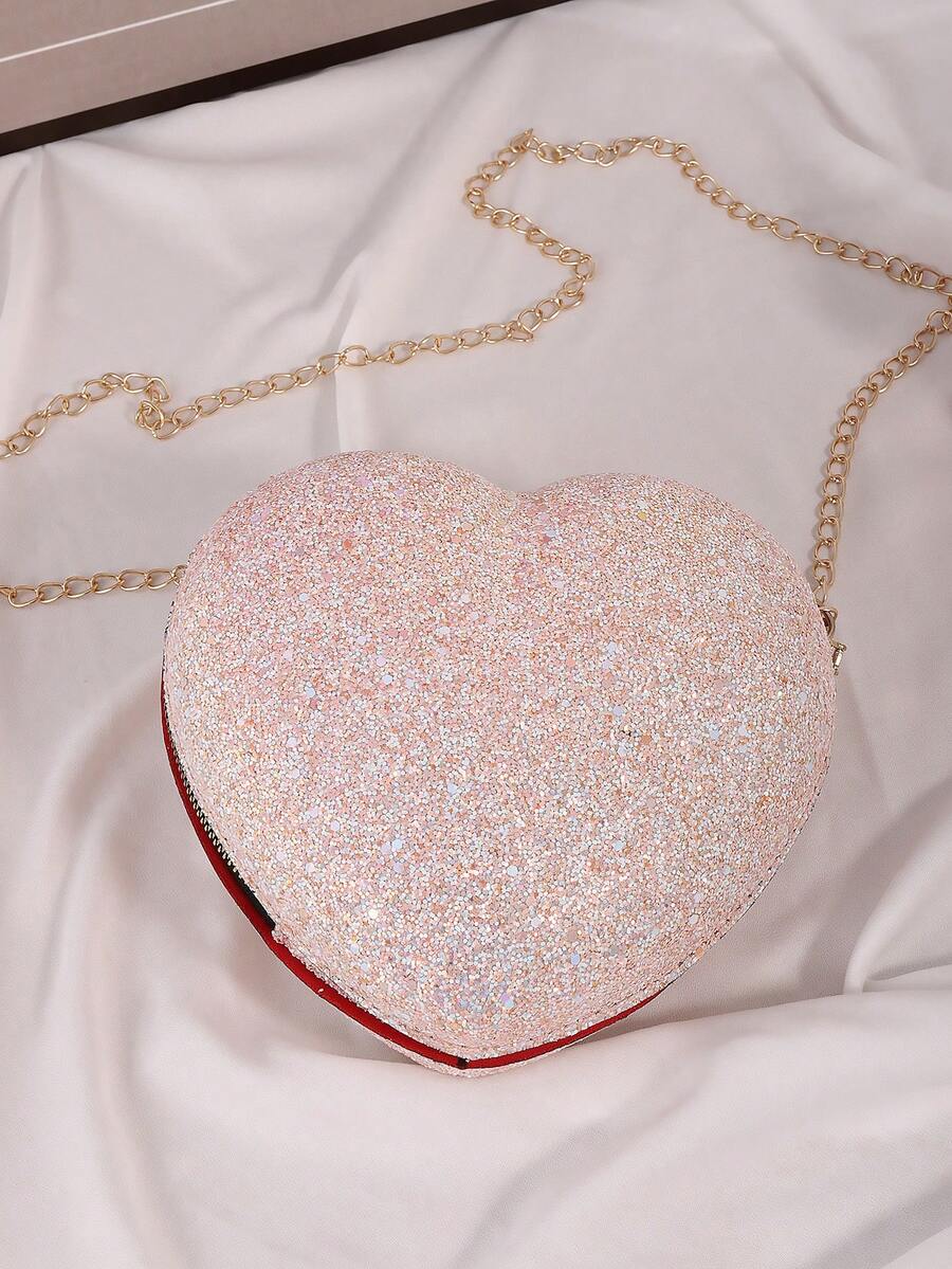 1入組女孩亮片裝飾心形拉鍊異形包