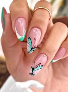 Elevate Your Style With 24pcs Long Almond Butterfly Pattern Full Cover Fake Nail Kit - Multicolor - View 1
