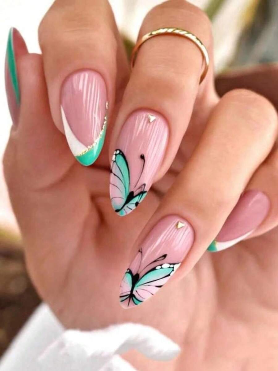 Elevate Your Style With 24pcs Long Almond Butterfly Pattern Full Cover Fake Nail Kit - Multicolor - View 1