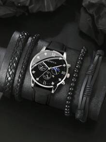 1 Đồng hồ đeo tay thạch anh hình tròn cho nam & 4 Vòng đeo tay - màu đen - Xem 1