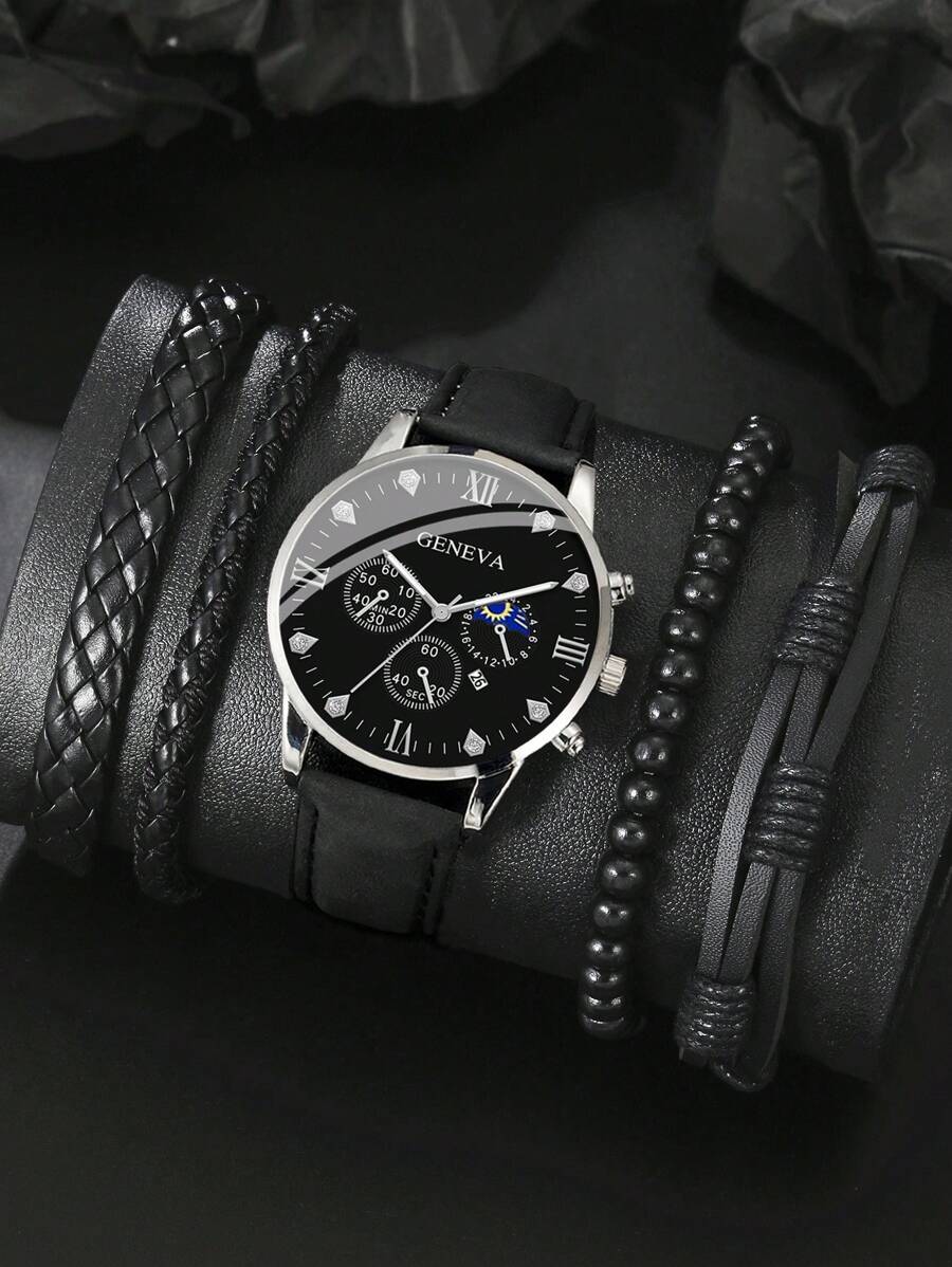 1 Đồng hồ đeo tay thạch anh hình tròn cho nam & 4 Vòng đeo tay - màu đen - Xem 1