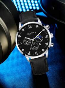 1 Đồng hồ đeo tay thạch anh hình tròn cho nam & 4 Vòng đeo tay - màu đen - Xem 2