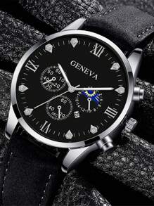 1 Đồng hồ đeo tay thạch anh hình tròn cho nam & 4 Vòng đeo tay - màu đen - Xem 3