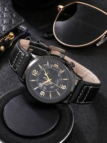 1pc Men Round Pointer Quartz Watch & 3pcs Beaded Bracelet - Black - View 2