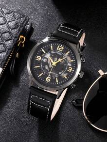 1pc Men Round Pointer Quartz Watch & 3pcs Beaded Bracelet - Black - View 3