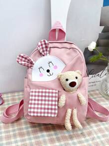 Girls Gingham Pattern Cartoon Bear & Rabbit Ear Decor Polyester Zipper Functional Backpack