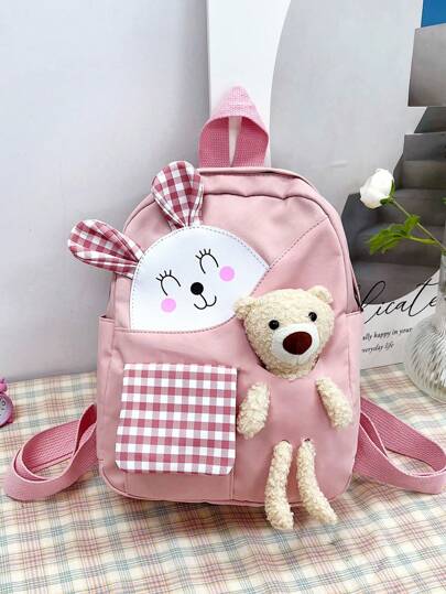 Girls Gingham Pattern Cartoon Bear & Rabbit Ear Decor Polyester Zipper Functional Backpack
