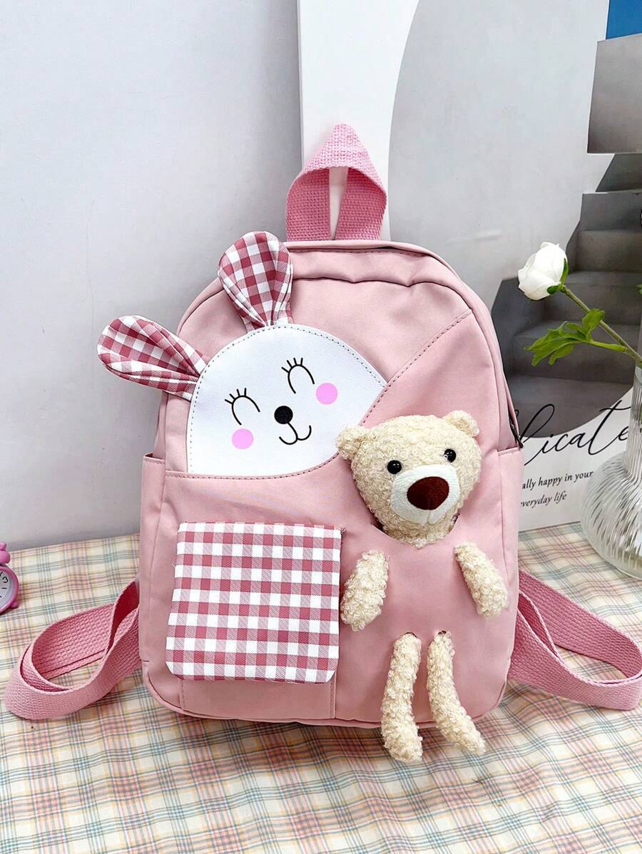 Girls Gingham Pattern Cartoon Bear & Rabbit Ear Decor Polyester Zipper Functional Backpack