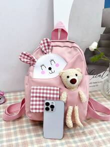 Girls Gingham Pattern Cartoon Bear & Rabbit Ear Decor Polyester Zipper Functional Backpack