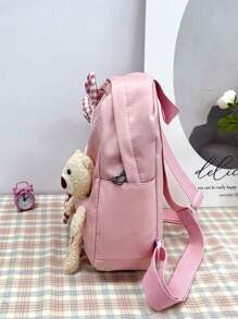 Girls Gingham Pattern Cartoon Bear & Rabbit Ear Decor Polyester Zipper Functional Backpack