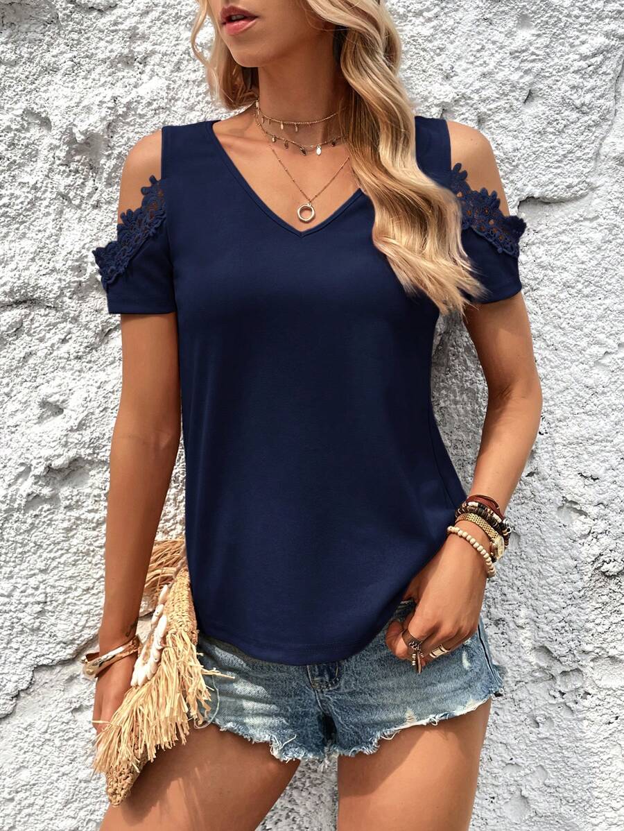 SHEIN Clasi Áo thun nữ Tương phản ren Đề can màu trơn Giải trí - Màu xanh hải quân - Xem 1