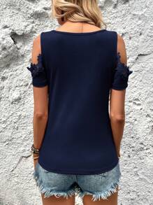 SHEIN Clasi Áo thun nữ Tương phản ren Đề can màu trơn Giải trí - Màu xanh hải quân - Xem 2