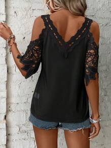 SHEIN Clasi 拼接水溶蕾絲挖肩T恤 - 黑色 - 查看 2