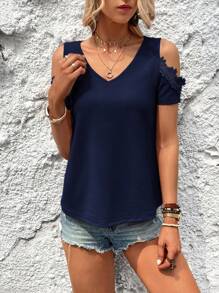 SHEIN Clasi Áo thun nữ Tương phản ren Đề can màu trơn Giải trí - Màu xanh hải quân - Xem 4