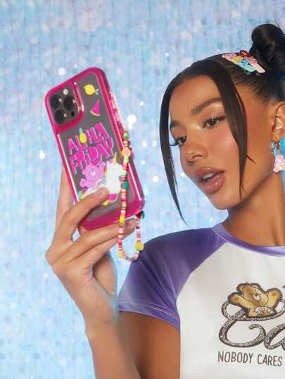 SHEIN X Care Bears 1pc Cartoon Bear & Letter Graphic Clear Phone Case With Lanyard, Compatible With IPhone