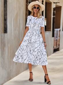 SHEIN LUNE 滿版印花繫腰帶連衣裙 - 黑與白 - 查看 3