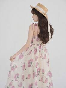 Vestido de tirantes con estampado floral pecho con fruncido - Beis - Ver 2