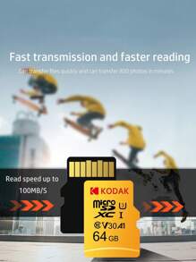 Tarjeta de memoria KODAK 256GB/128GB/64GB Clase 10 U3 TF de alta velocidad, perfecta para teléfonos inteligentes, DVR y almacenamiento - Amarillo - Ver 3