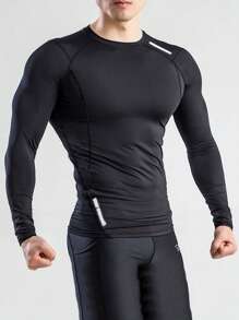 Manfinity Sport Corelite Camiseta deportiva de compresión para hombres con gráfico de letras reflectantes y pespunte - Negro - Ver 1