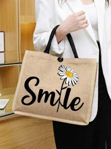 Letter & Flower Graphic Shopper Bag - Khaki - View 2