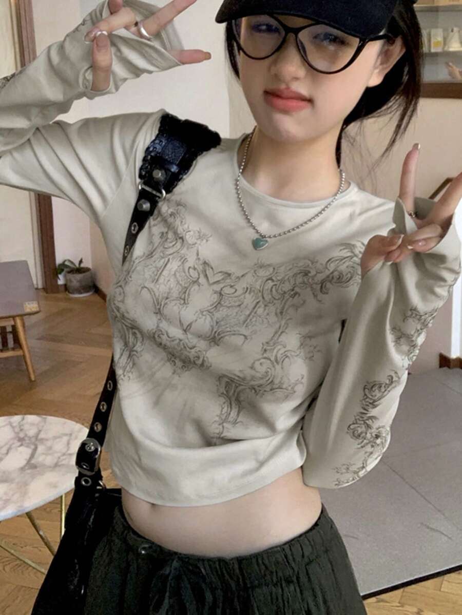 Women's Printed Round Neck Long Sleeve Cropped Casual T-Shirt, Summer - Light Grey - View 1