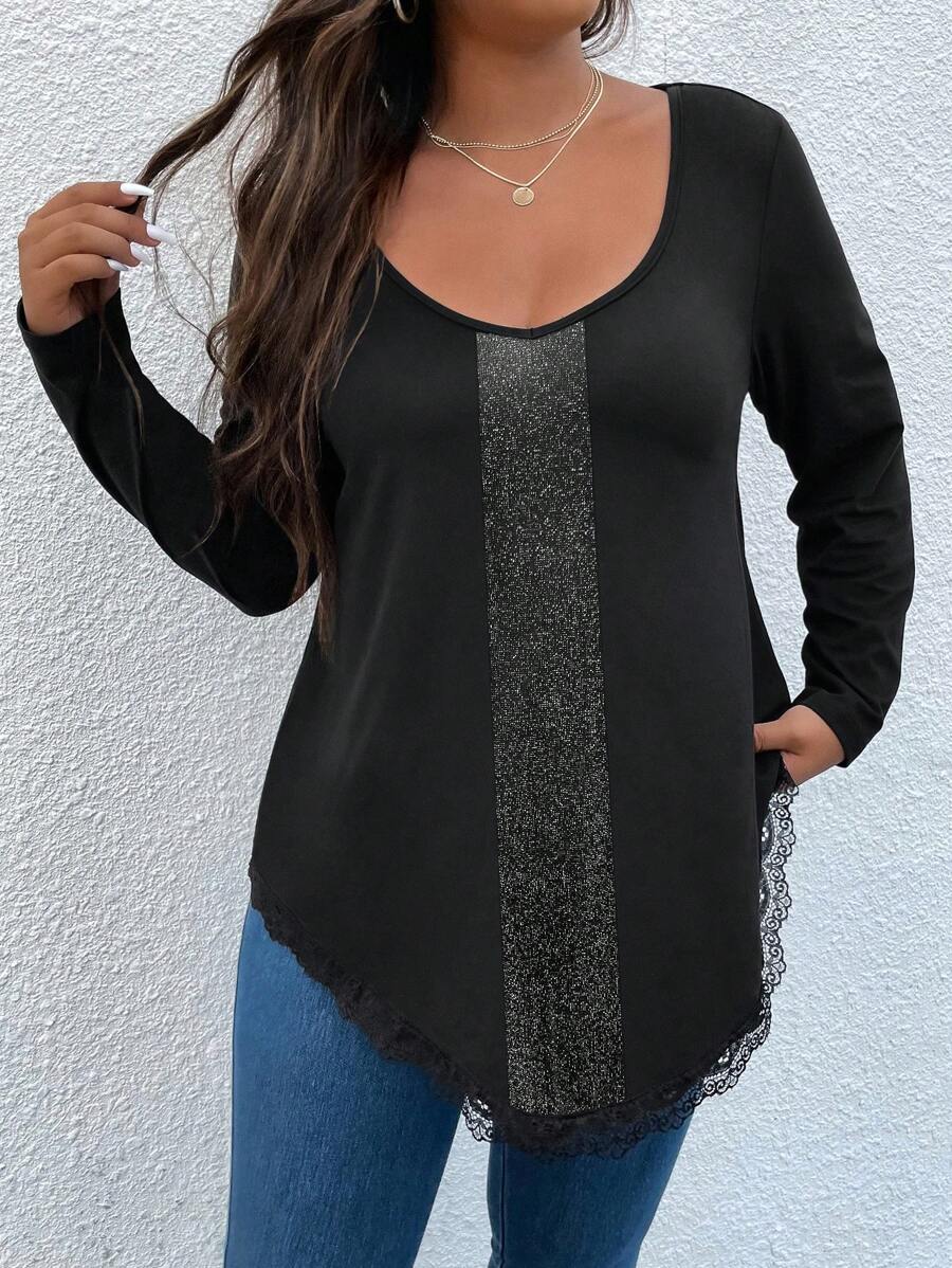 SHEIN LUNE Plus Contrast Lace Asymmetrical Hem Tee - Black - View 1